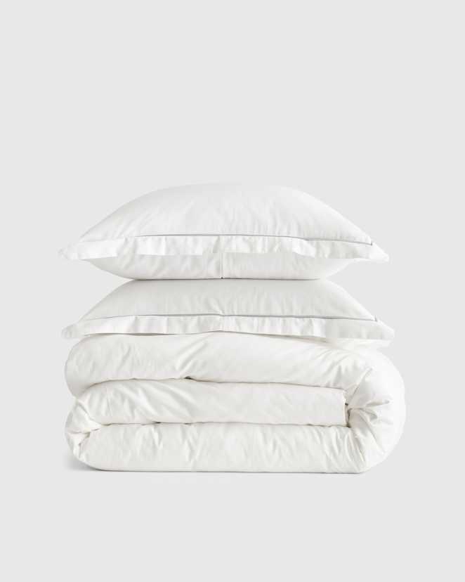 White/Grey Classic Organic Percale Embroidered Duvet Cover Set