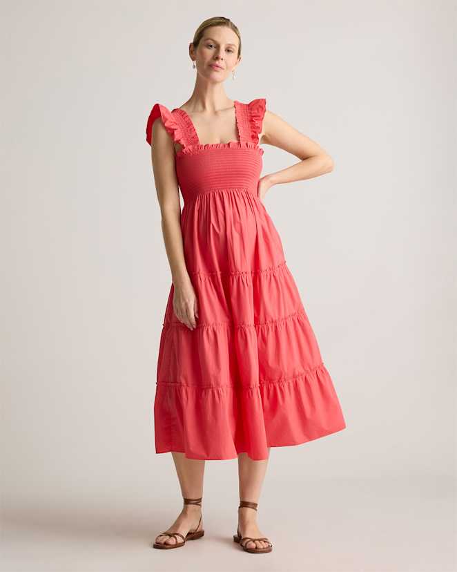 Spiced Coral 100% Organic Cotton Poplin Maternity Smocked Midi Dress