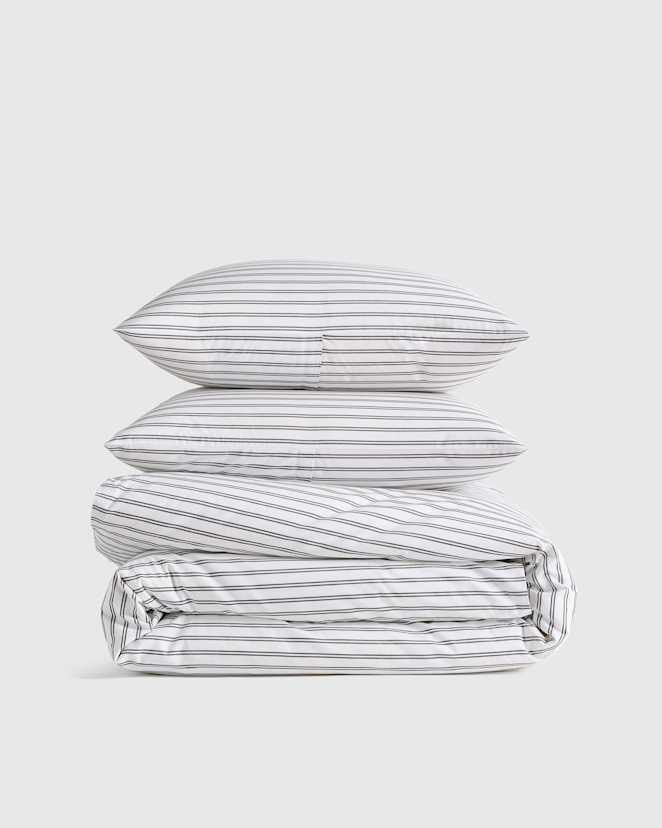 White/Pine Classic Organic Percale Double Stripe Duvet Cover Set