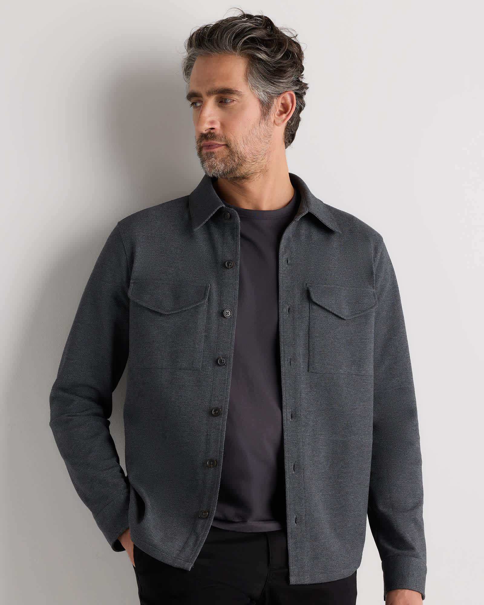 Heather Charcoal Cotton Pique Knit Overshirt