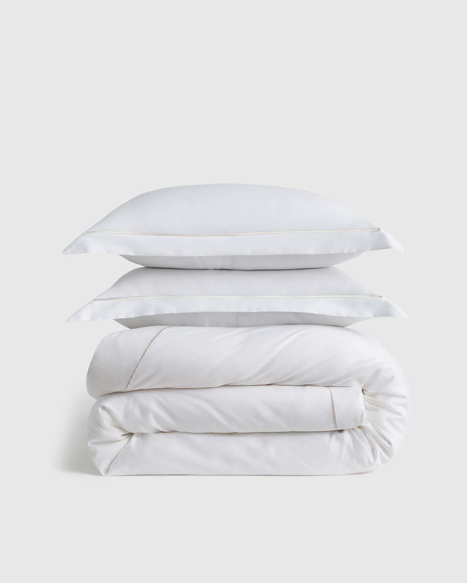 White/Sand Signature Giza Cotton Sateen Embroidered Duvet Cover Set
