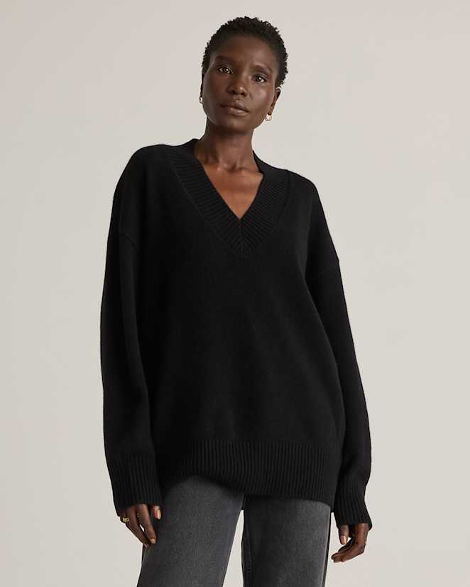 Black Mongolian Cashmere Oversized V-Neck Sweater