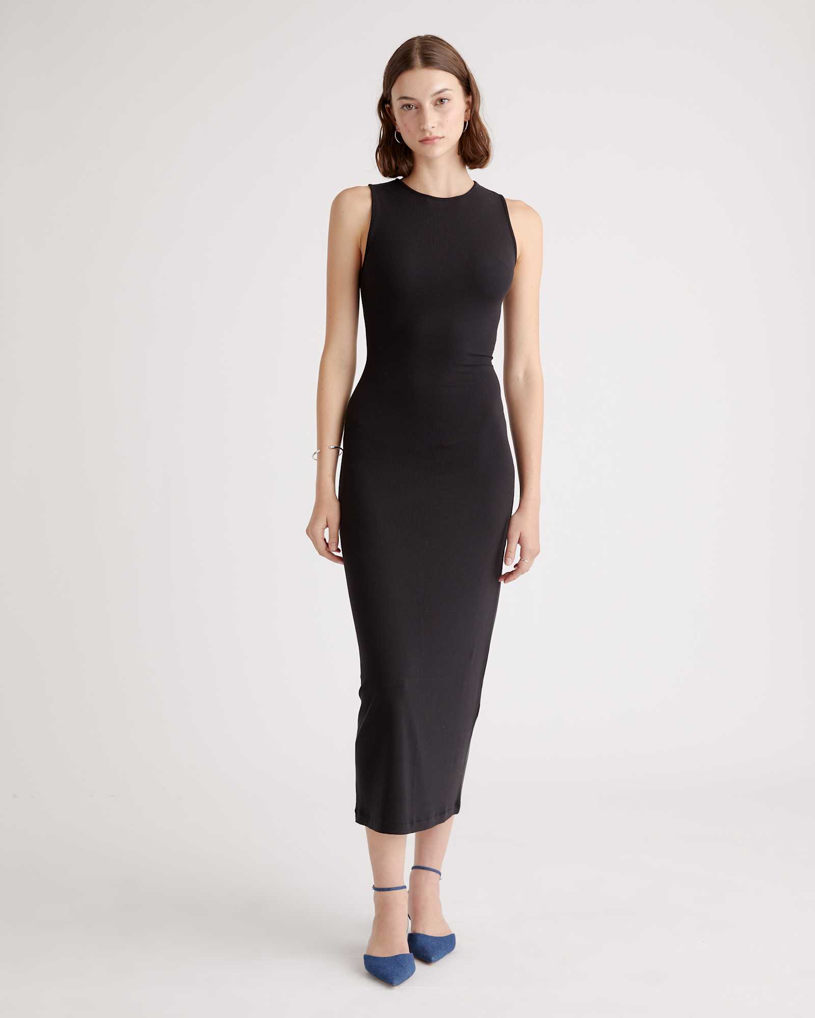 black Tencel Rib Knit Tank Midi Dress