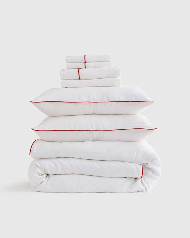 White/Cherry European Linen Piped Deluxe Bedding Bundle
