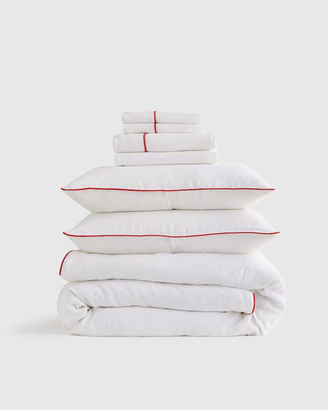 White/Cherry European Linen Piped Deluxe Bedding Bundle