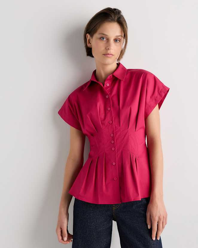 Amaranth Pink Stretch Twill Pleated Short Sleeve Shirt