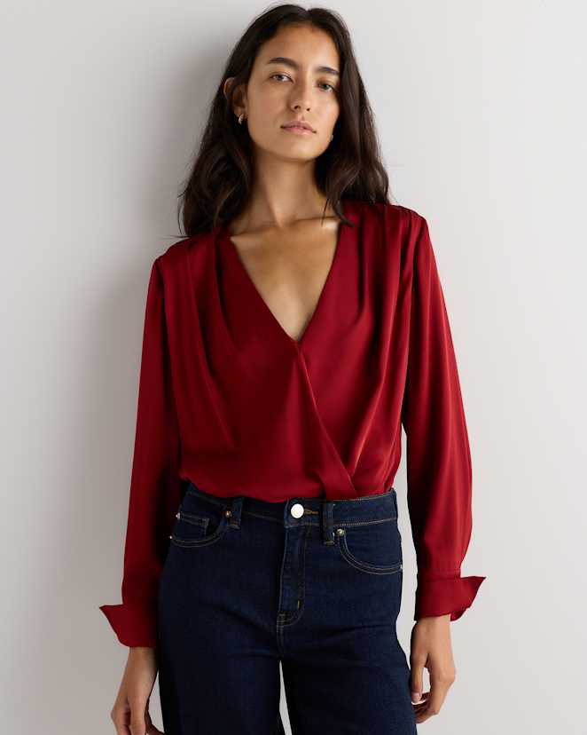 Clay Red Washable Stretch Silk Surplice Bodysuit