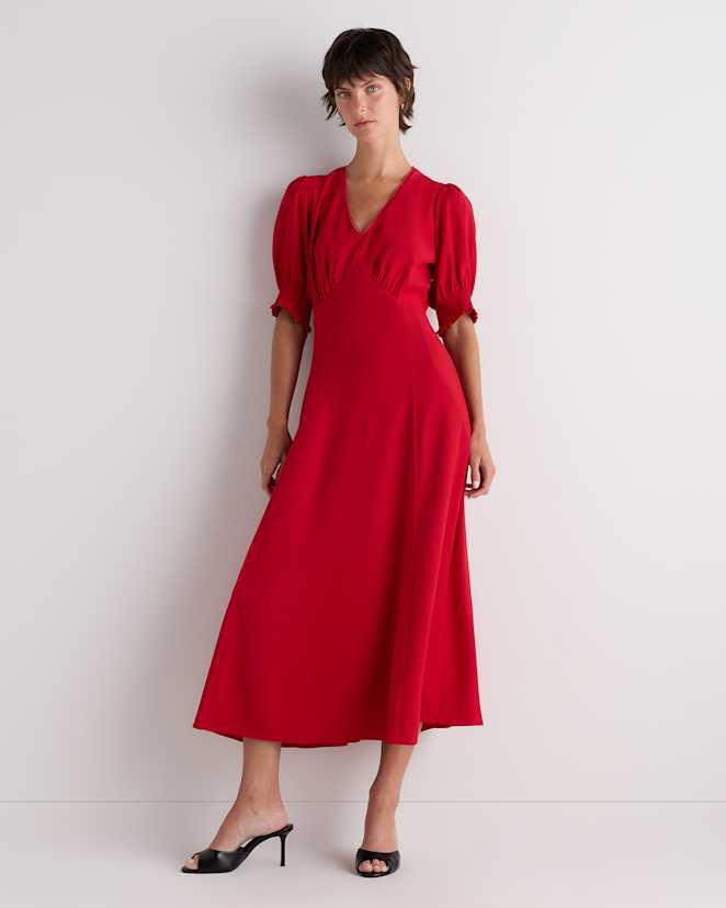 Ruby Red Matte Crepe Puff Sleeve Midi Dress
