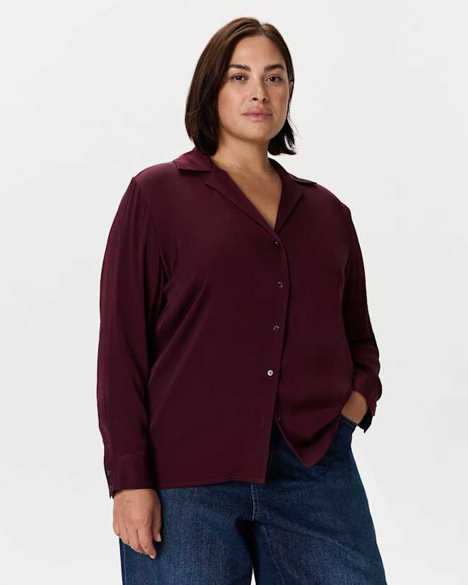 Wine Tasting Red Washable Stretch Silk Notch Collar Blouse