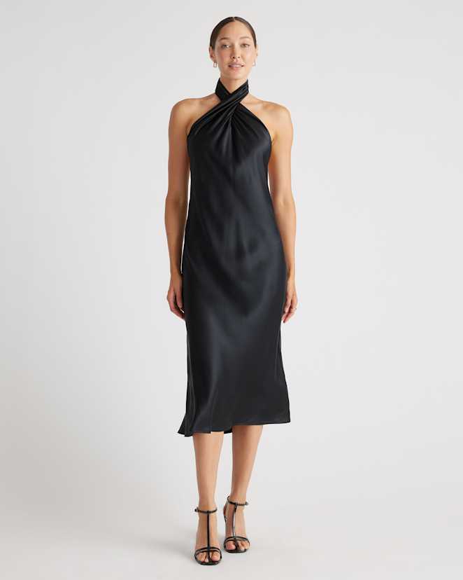 Black 100% Washable Silk Twist Halter Midi Dress