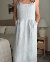 100- European Linen Scoop Neck Midi Dress Blue Pinstripe VictoriaSchneider 4x5 Thumbnail