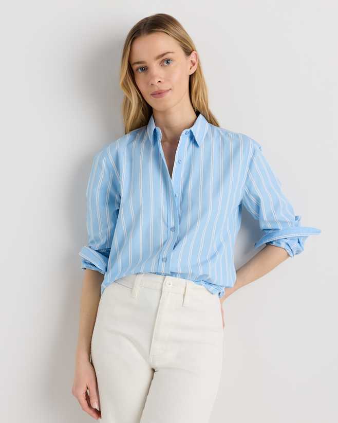 Delta Blue Double Stripe 100% Organic Cotton Poplin Long Sleeve Shirt