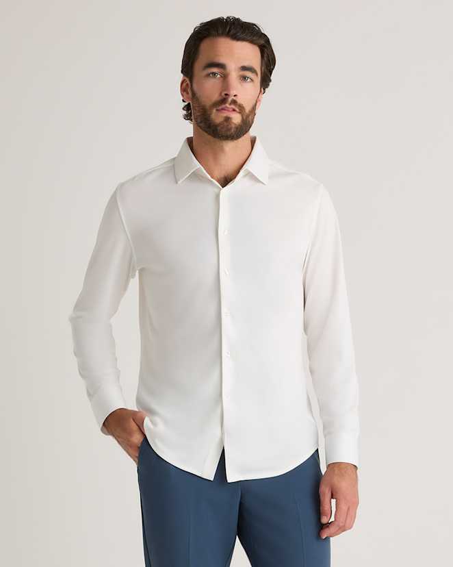 White Commuter Stretch Pique Long Sleeve Button Down