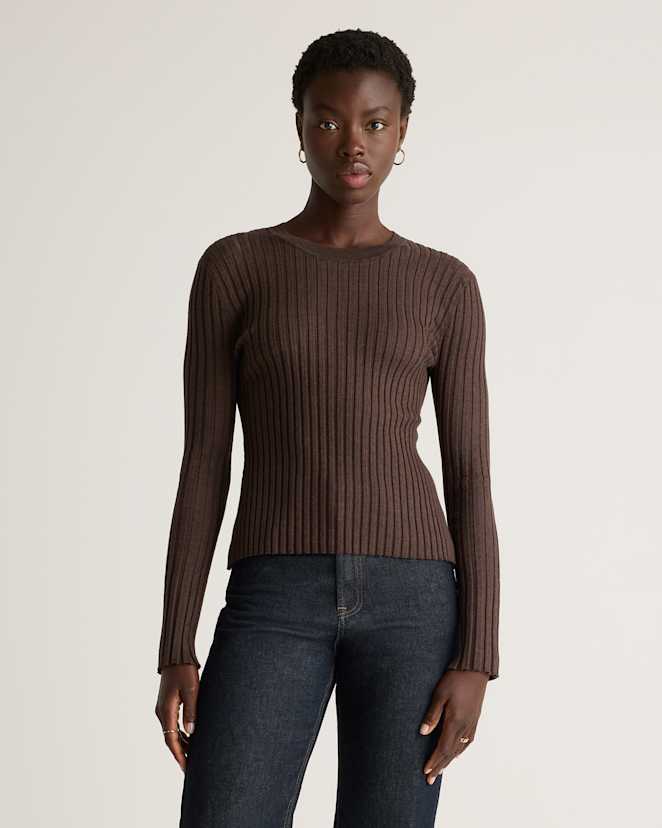 Mocha Heather Cotton Cashmere Ribbed Long Sleeve Sweater