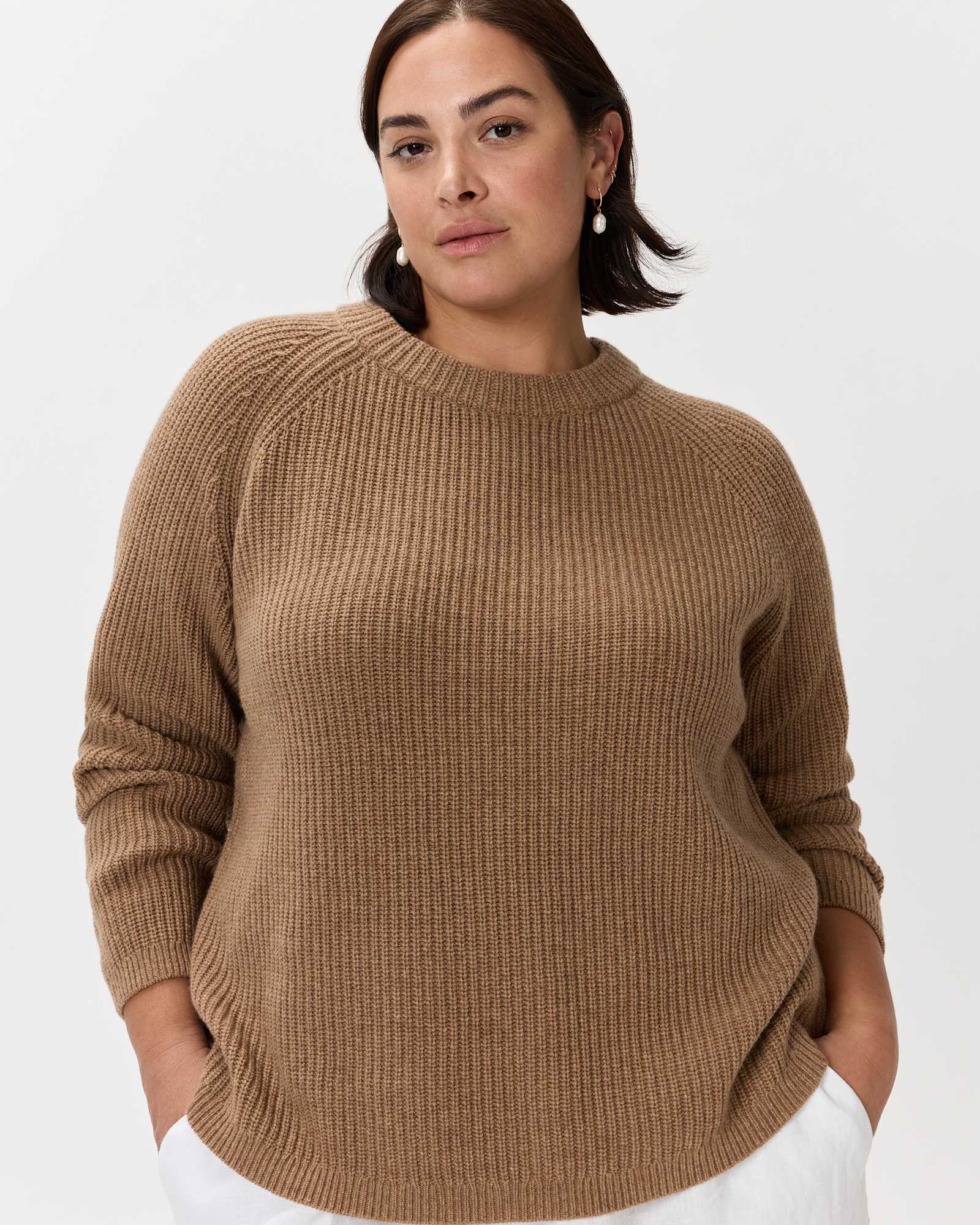 Teak Mongolian Cashmere Fisherman Crewneck Sweater