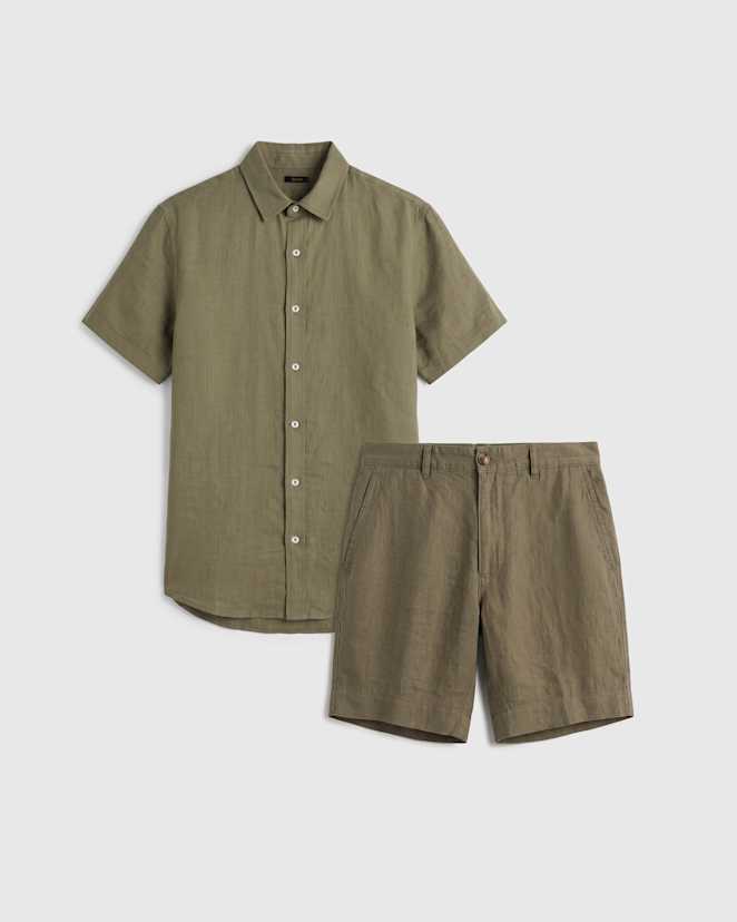 Bayberry Olive 100% European Linen Trouser Shorts Set