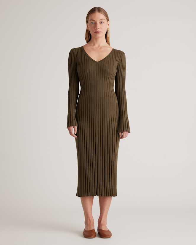 W-DRS-123-OLV 0865 Olive Cotton Cashmere Ribbed Long Sleeve V-Neck Midi Dress