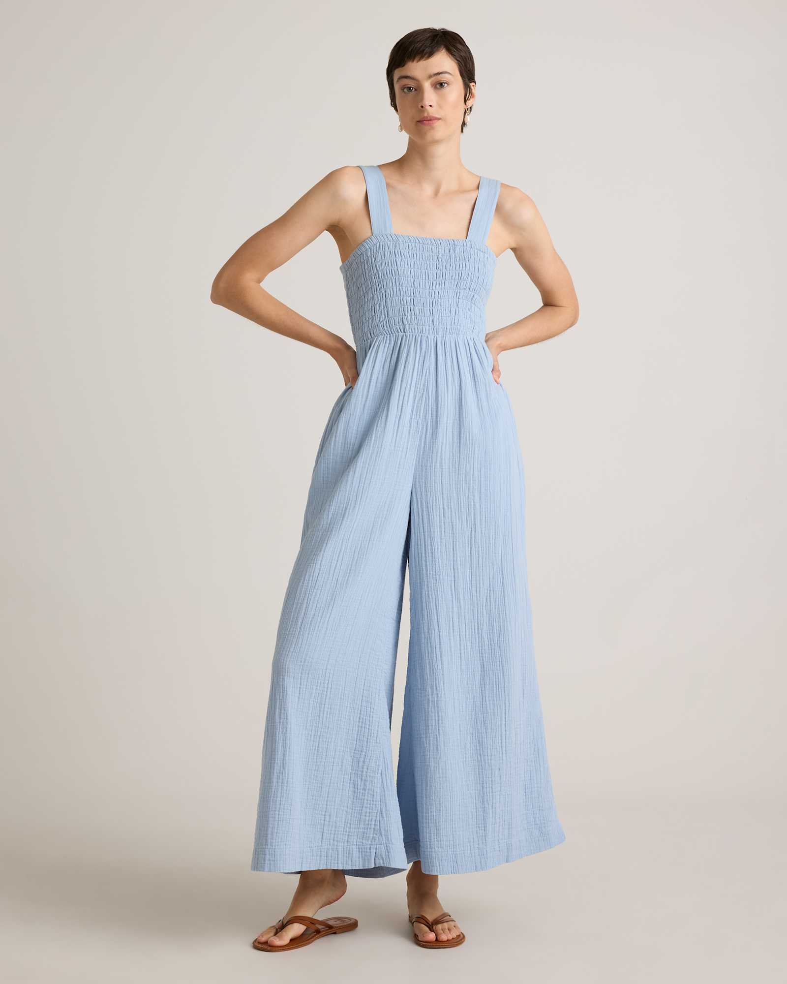 ocean-breeze 100% Organic Cotton Gauze Smocked Wide Leg Jumpsuit