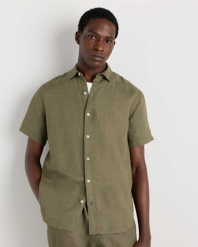Bayberry Olive 100% European Linen Relaxed Short Sleeve Shirt