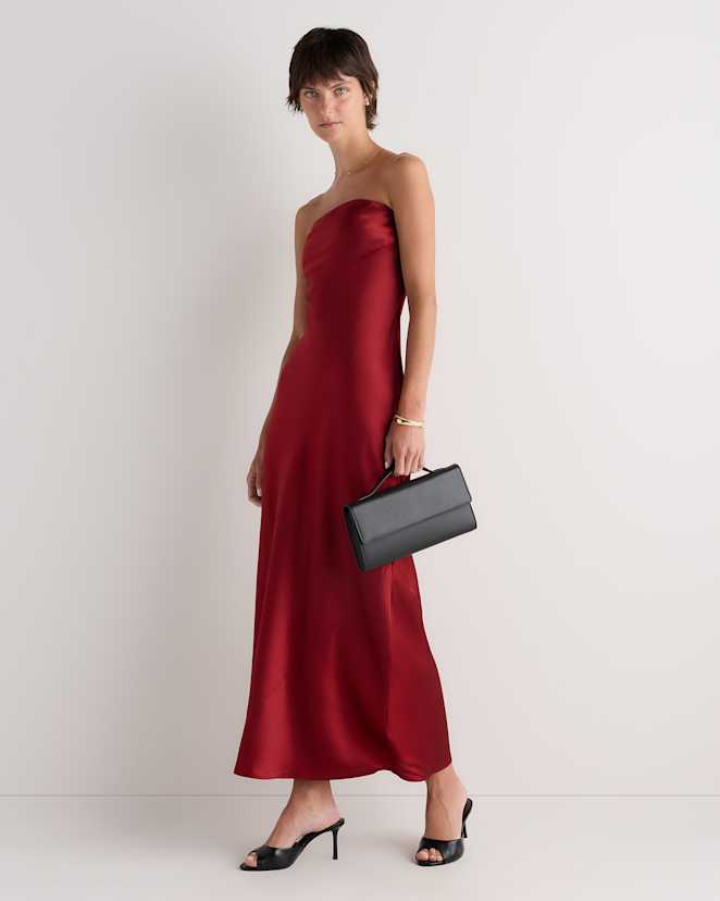 Clay Red 100% Washable Silk Strapless Midi Dress