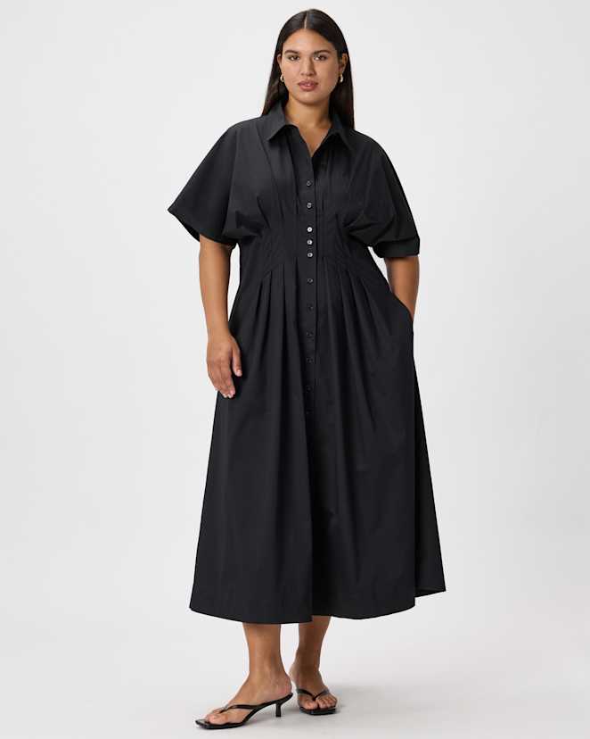 True Black Stretch Twill Pleated Midi Shirt Dress