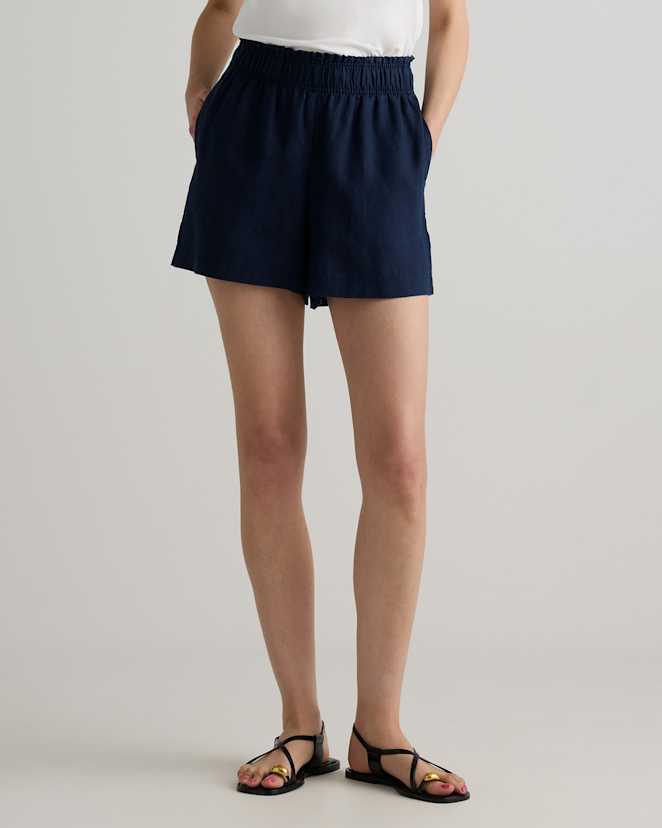 Deep Navy 100% European Linen High Waisted Shorts