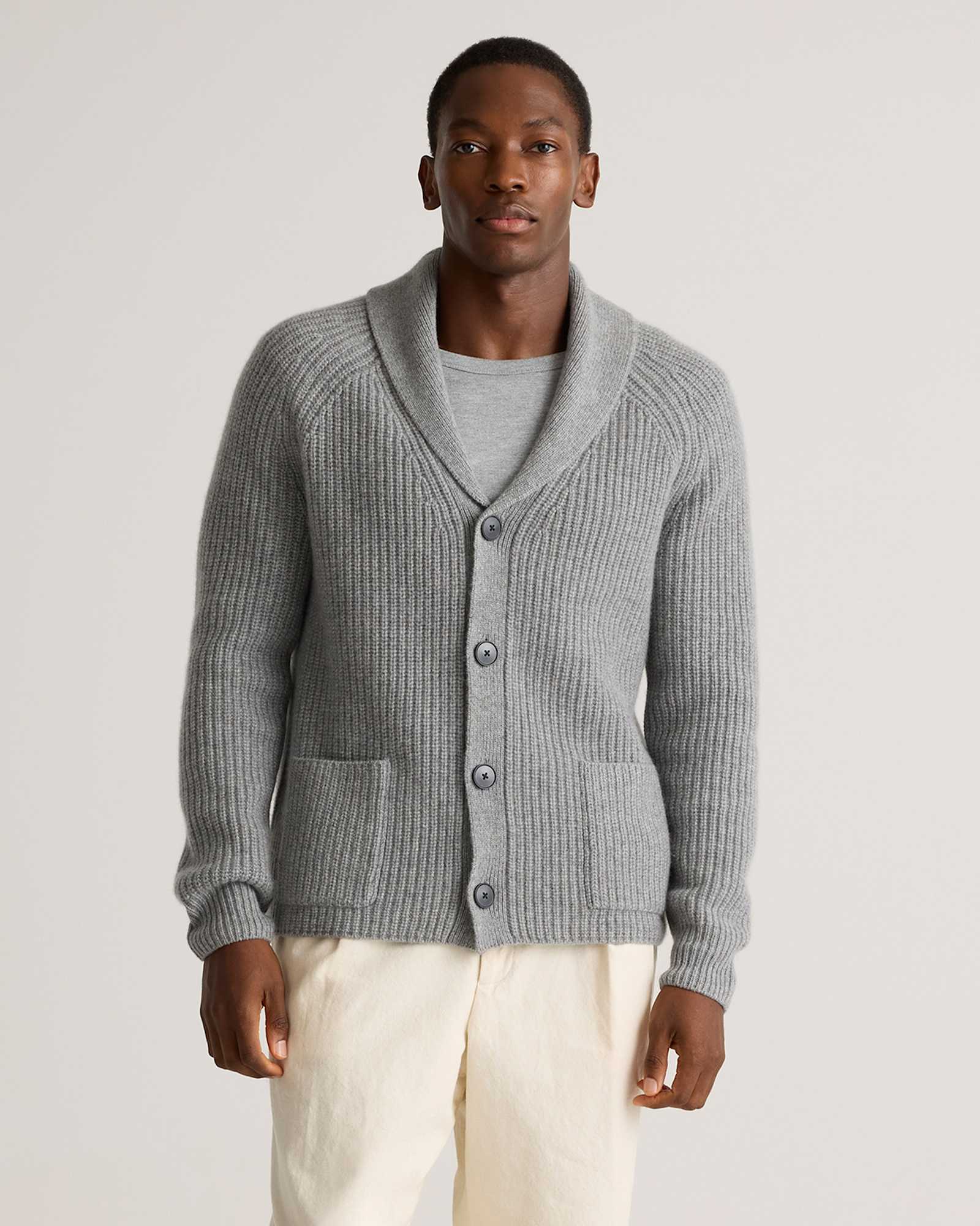 heather-grey Mongolian Cashmere Shawl Collar Cardigan