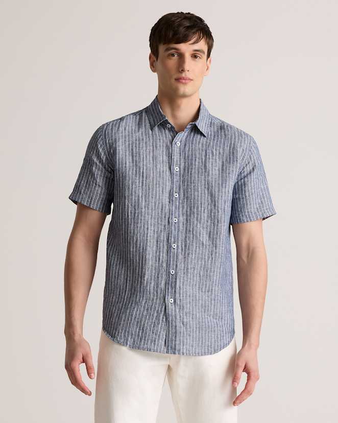 Chambray Stripe 100% European Linen Relaxed Short Sleeve Shirt