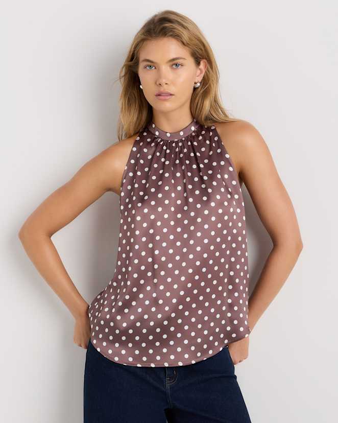 Mocha Midi Dot 100% Washable Silk Halter Top