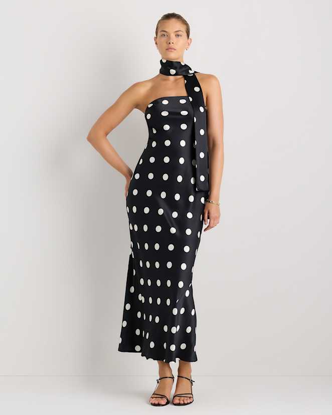Noir Large Dot 100% Washable Silk Strapless Scarf Maxi Dress