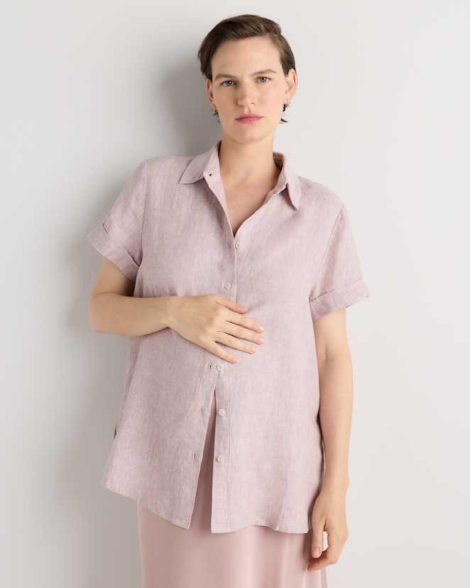 Vintage Pink Chambray 100% European Linen Maternity Camp Shirt