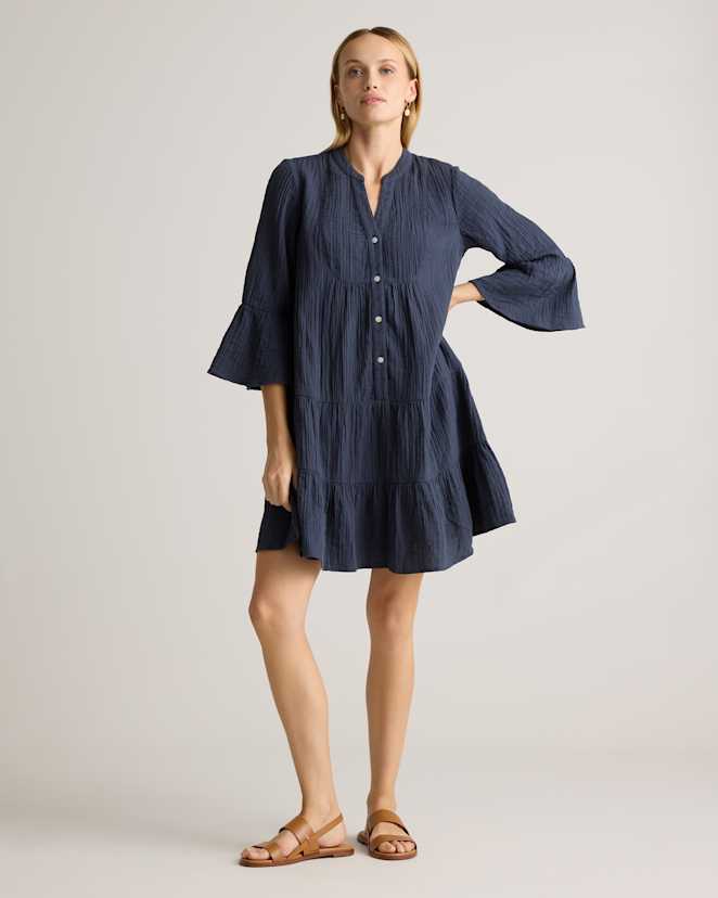 Indigo Blue 100% Organic Cotton Gauze Long Sleeve Tiered Mini Dress