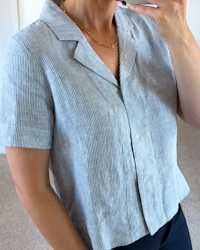 100- European Linen Short Sleeve Shirt Blue-Pinstripe Aimee Reiff 4x5 Thumbnail