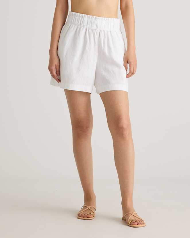 White 100% European Linen High Waisted Shorts