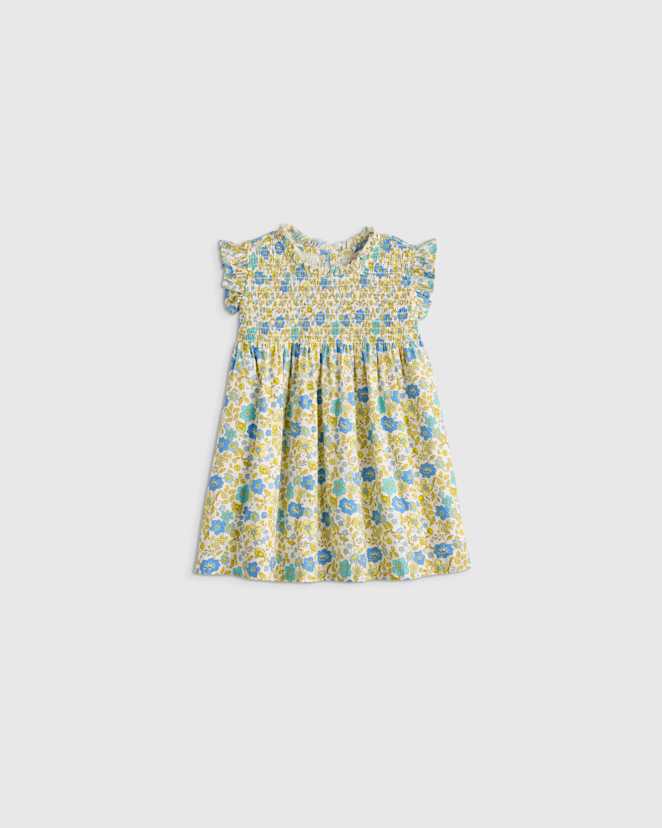 Blue Ditsy Floral 100% Organic Cotton Poplin Smocked Flutter Sleeve Dress