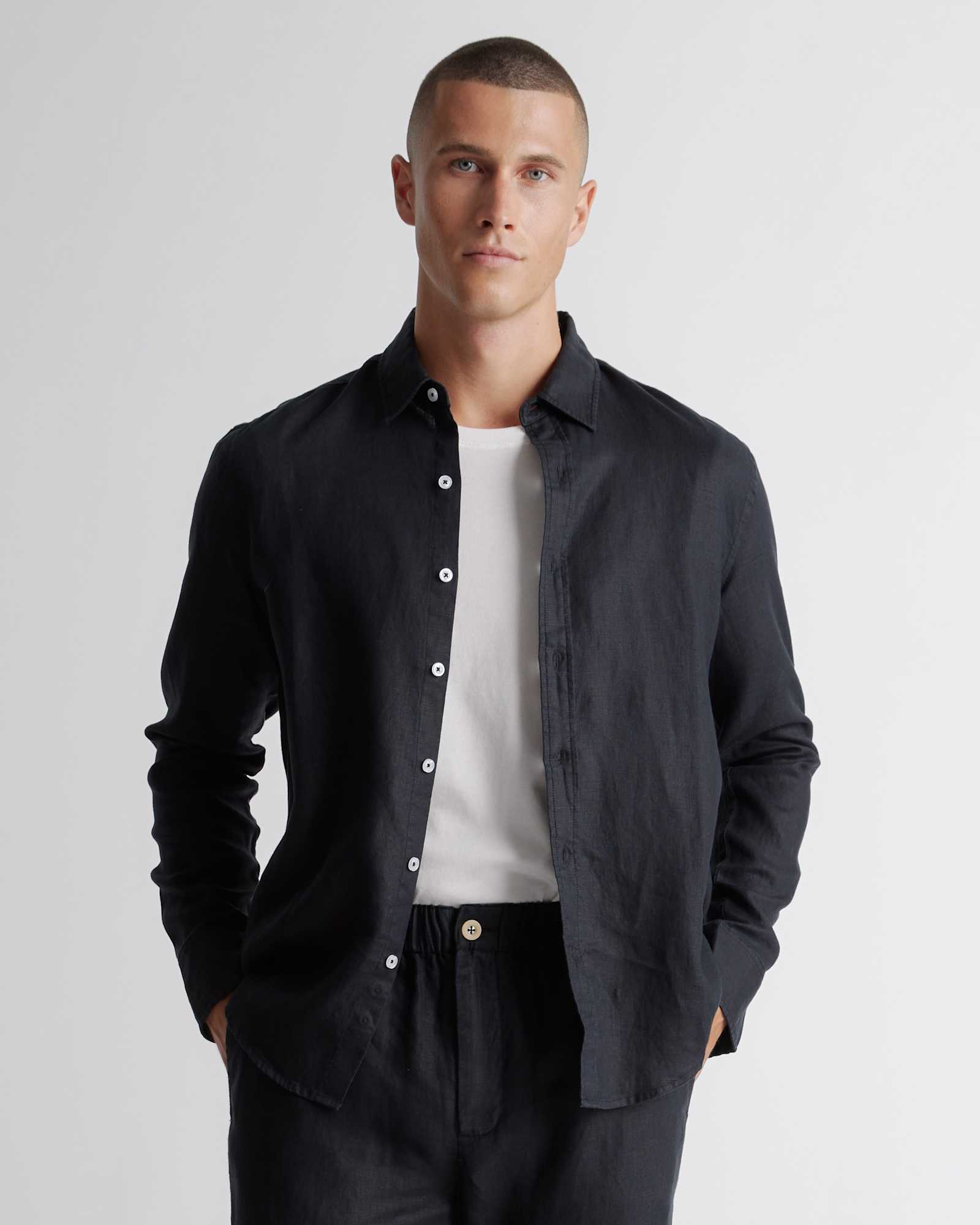 black 100% European Linen Relaxed Long Sleeve Shirt
