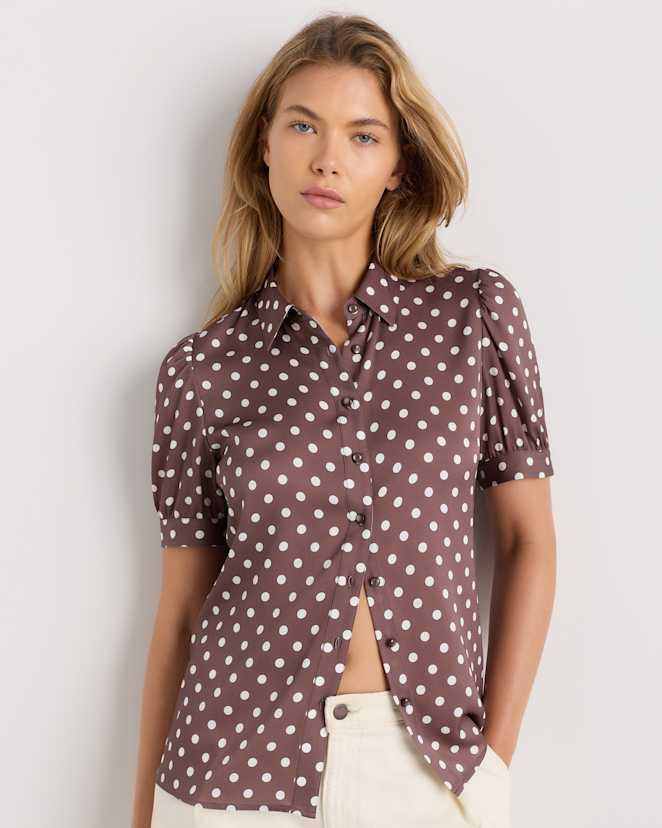 Mocha Midi Dot Washable Stretch Silk Puff Sleeve Blouse