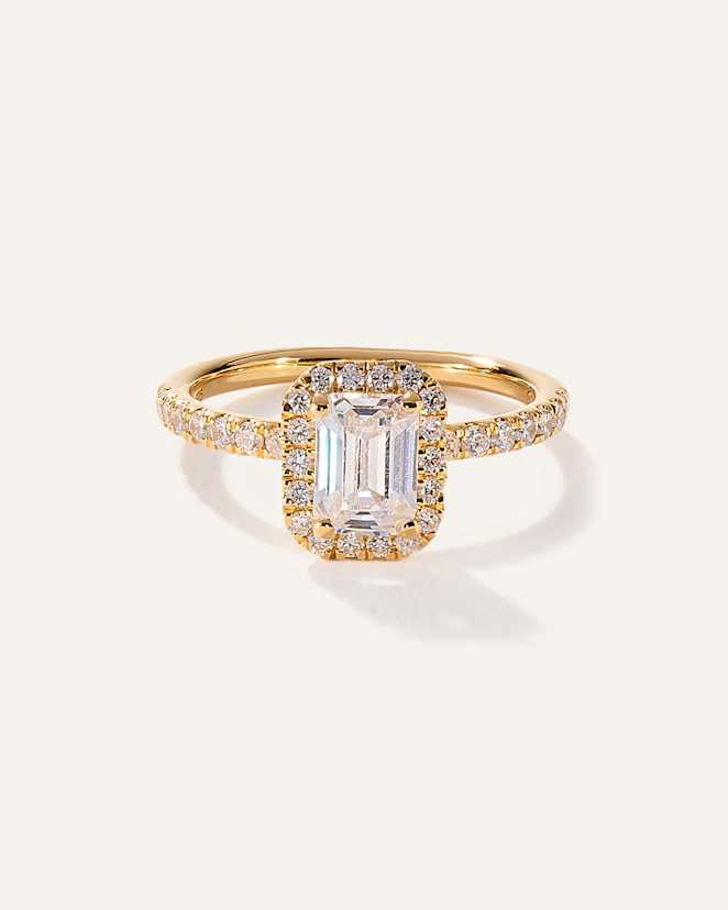 Yellow Gold Lab Grown Diamond Emerald Halo Pave Engagement Ring - 1ct