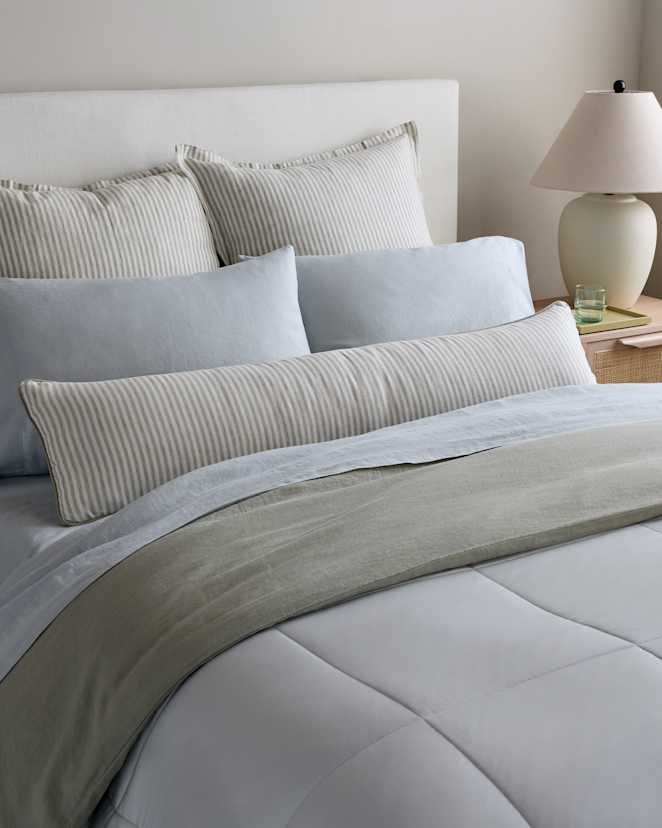 Willowleaf/White Stripe Piped Linen Stripe Oversized Lumbar Pillow Cover