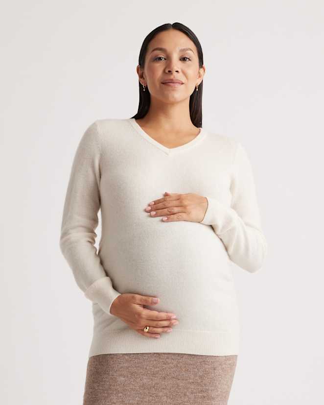 Ivory Mongolian Cashmere V-Neck Maternity Sweater