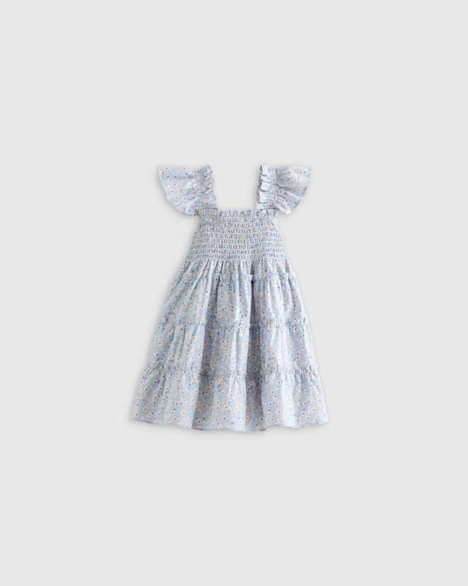 Blue Ditsy Daisy 100% Organic Cotton Poplin Smocked Dress