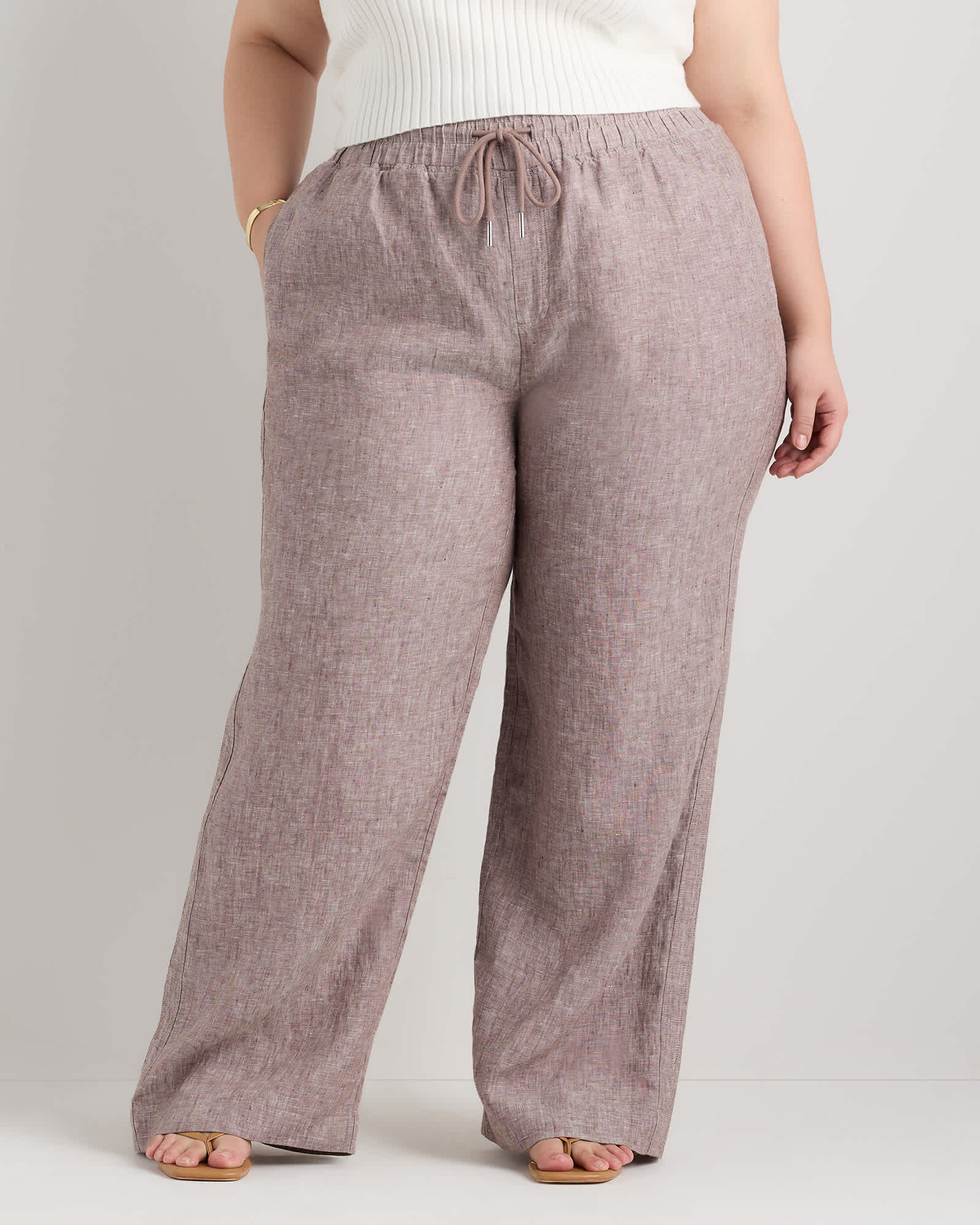 Taupe Brown Chambray Pantalon à jambes larges 100 % lin européen