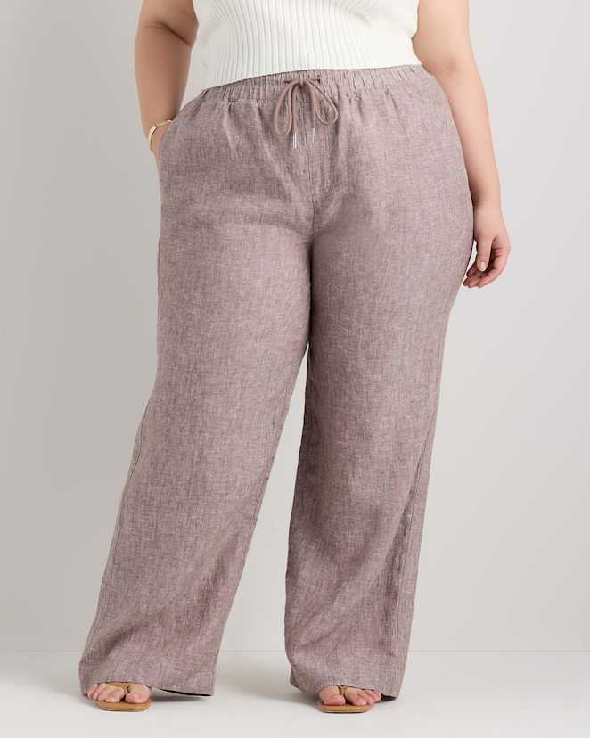 Taupe Brown Chambray 100% European Linen Wide Leg Pants