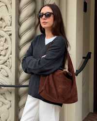 Italian Suede Slouchy Shoulder Bag - PDP Video Thumbnail (Chocolate Brown, 4x5)