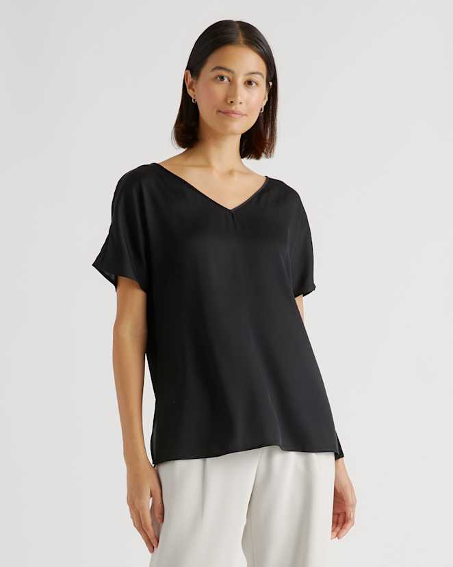 Black Washable Stretch Silk Reversible V-Neck Blouse