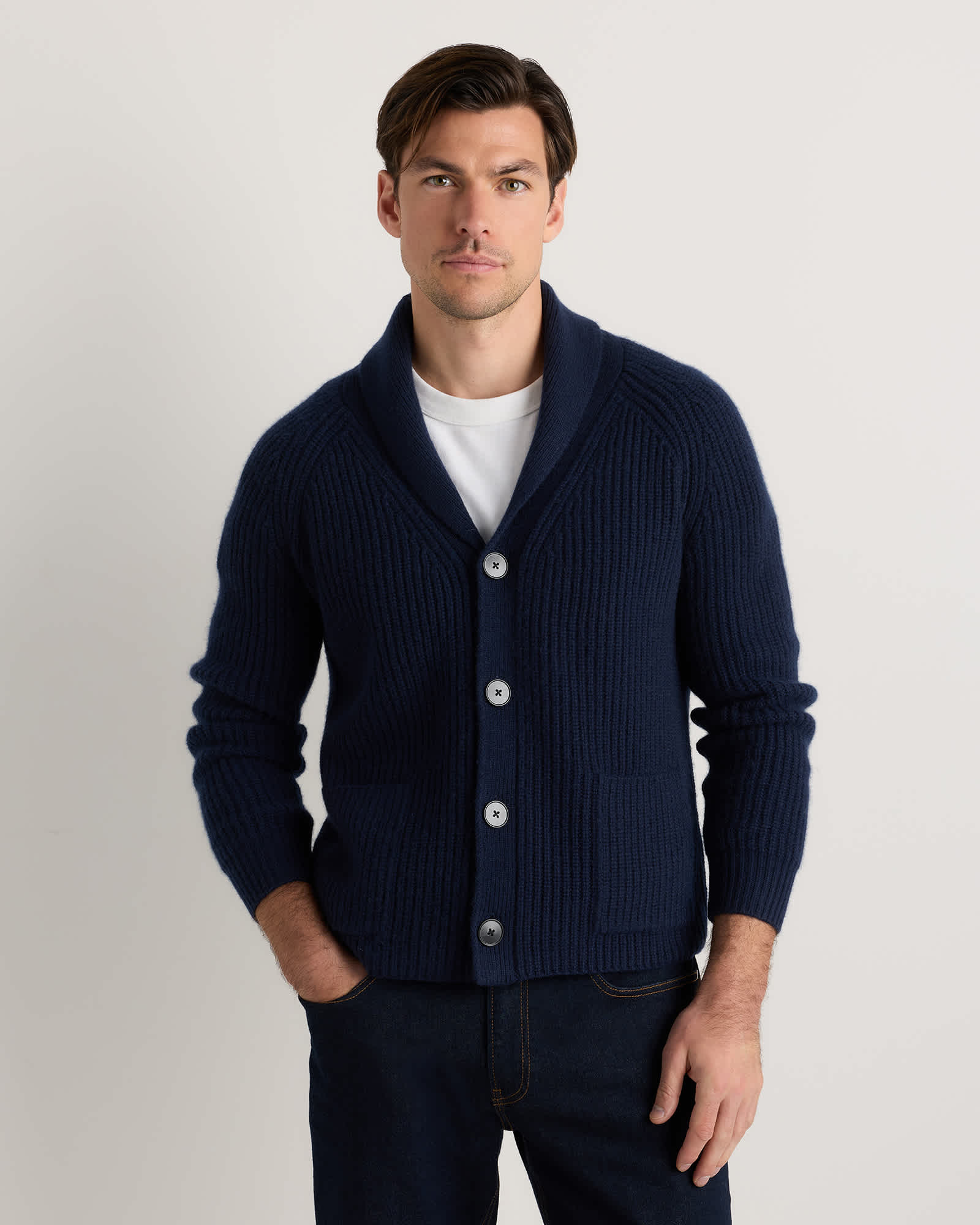 True Navy Mongolian Cashmere Shawl Collar Cardigan