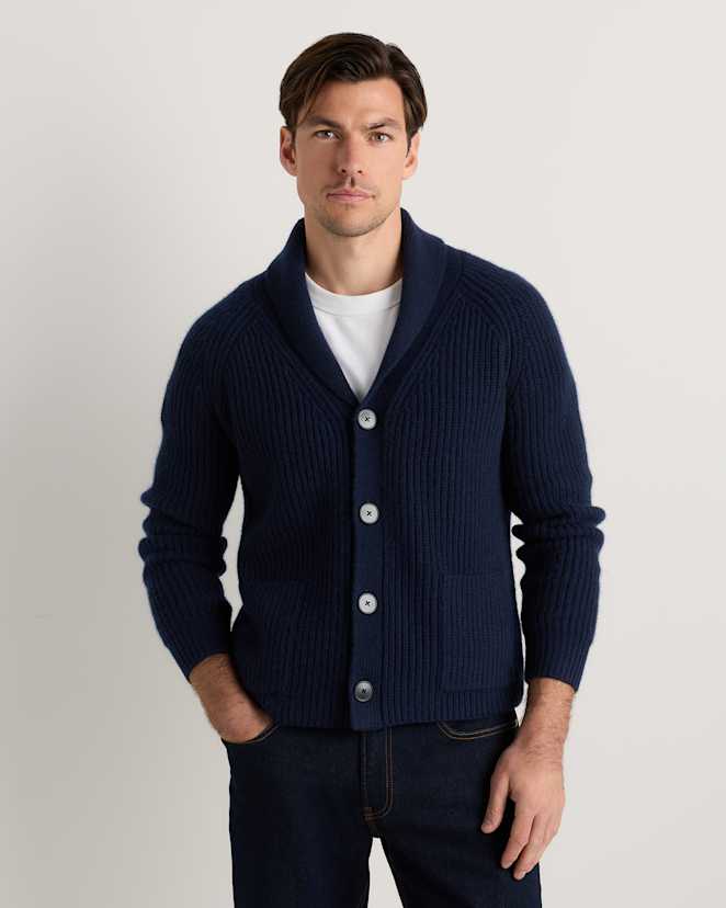True Navy Mongolian Cashmere Shawl Collar Cardigan