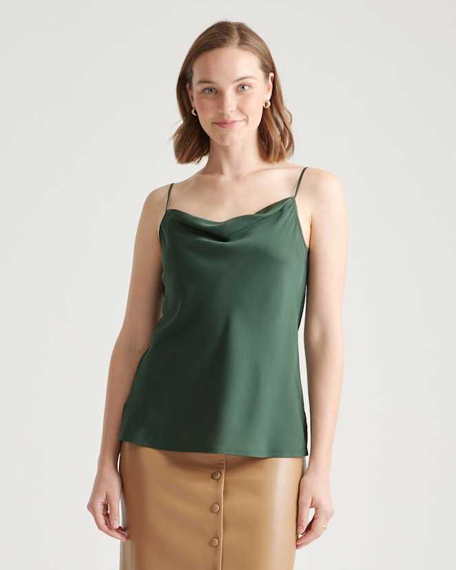 Forest Green Washable Stretch Silk Cowl Neck Cami