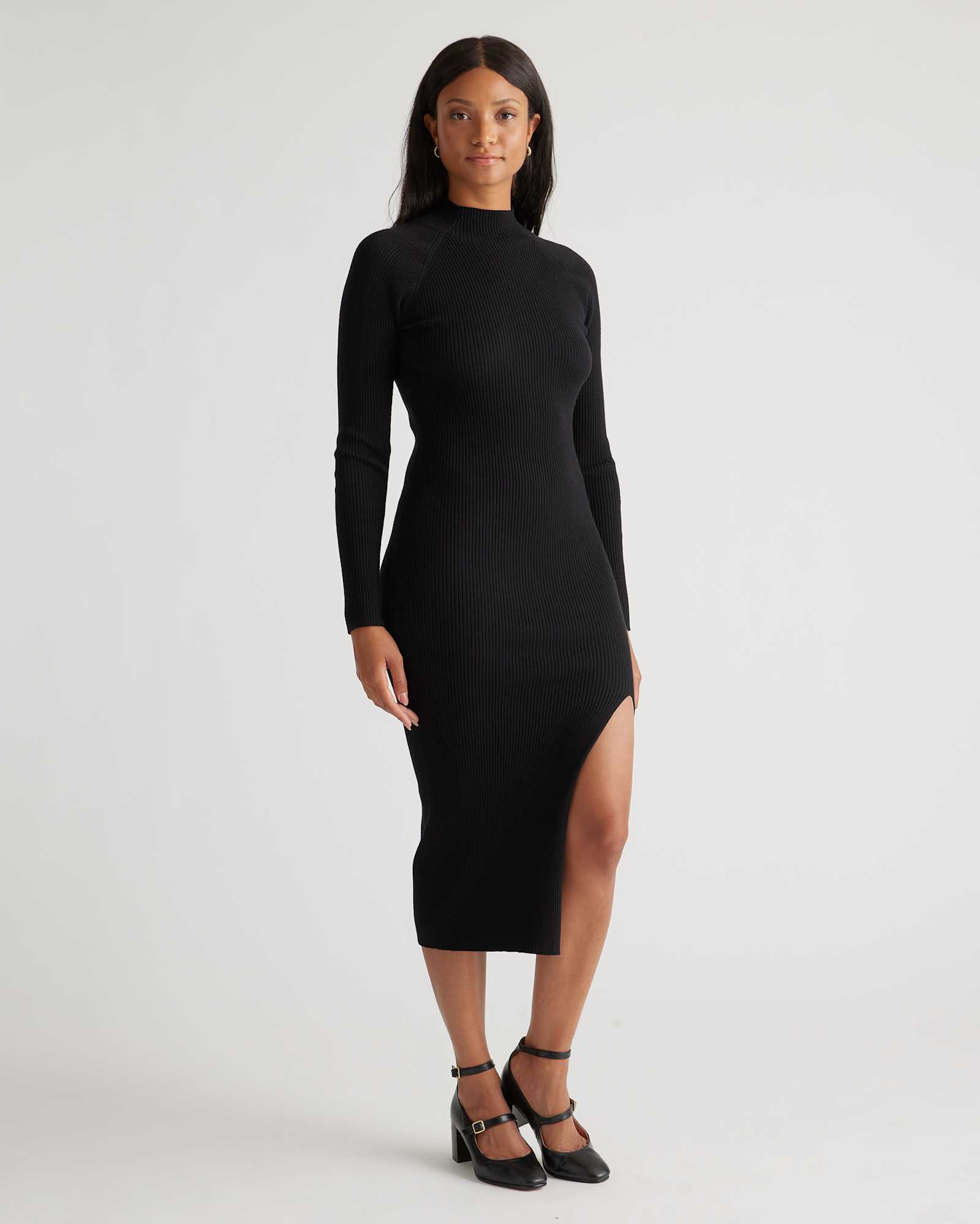Black Eco-Knit Ribbed Mock Neck Sweater Dress