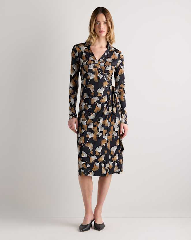 Black Desert Fan 100% Silk Jersey Midi Wrap Dress